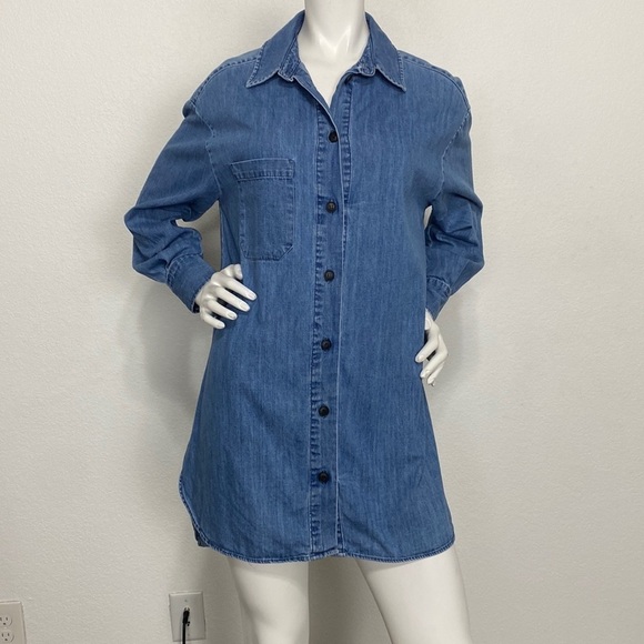 Zara Blue Denim Chambray Collared Button Front Long Sleeve Shirt Dress Size S - Picture 1 of 6